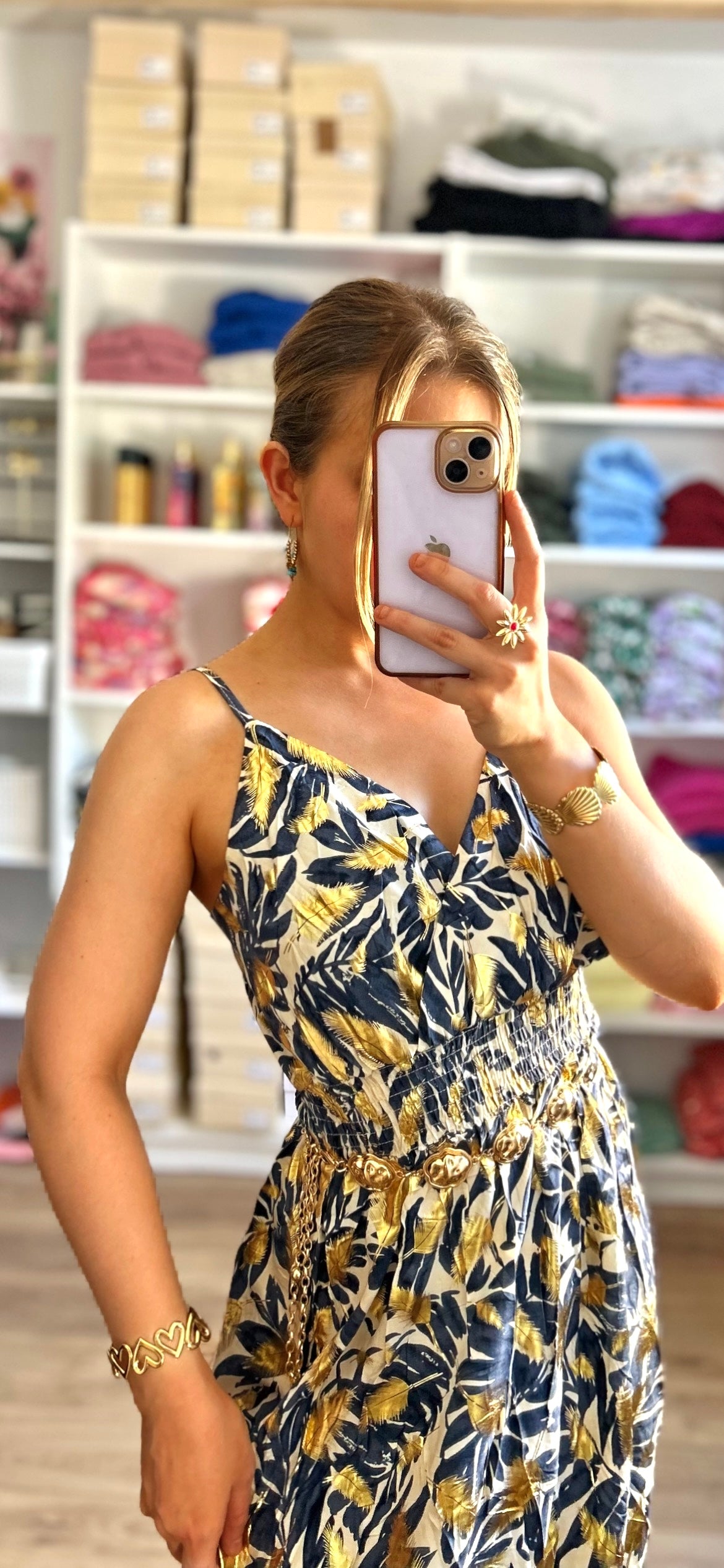 Robe Tropicale Bleu Marine Doré