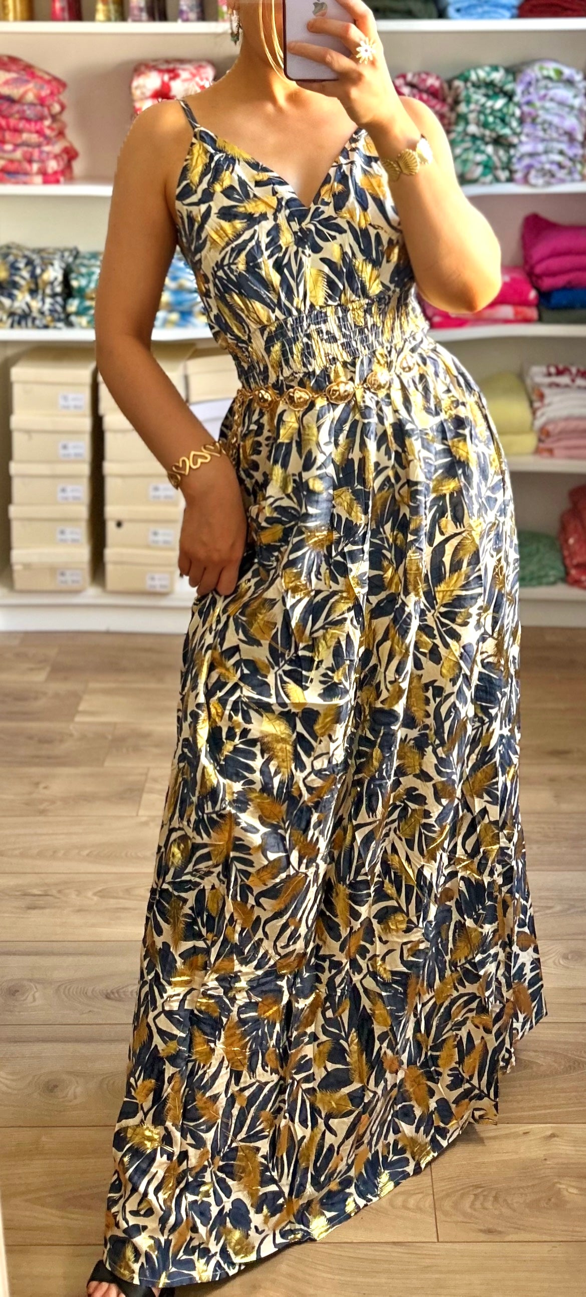 Robe Tropicale Bleu Marine Doré