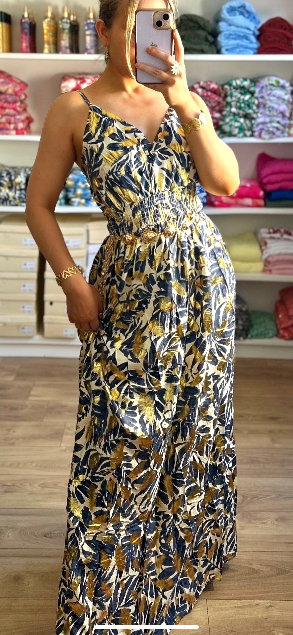 Robe Tropicale Bleu Marine Doré