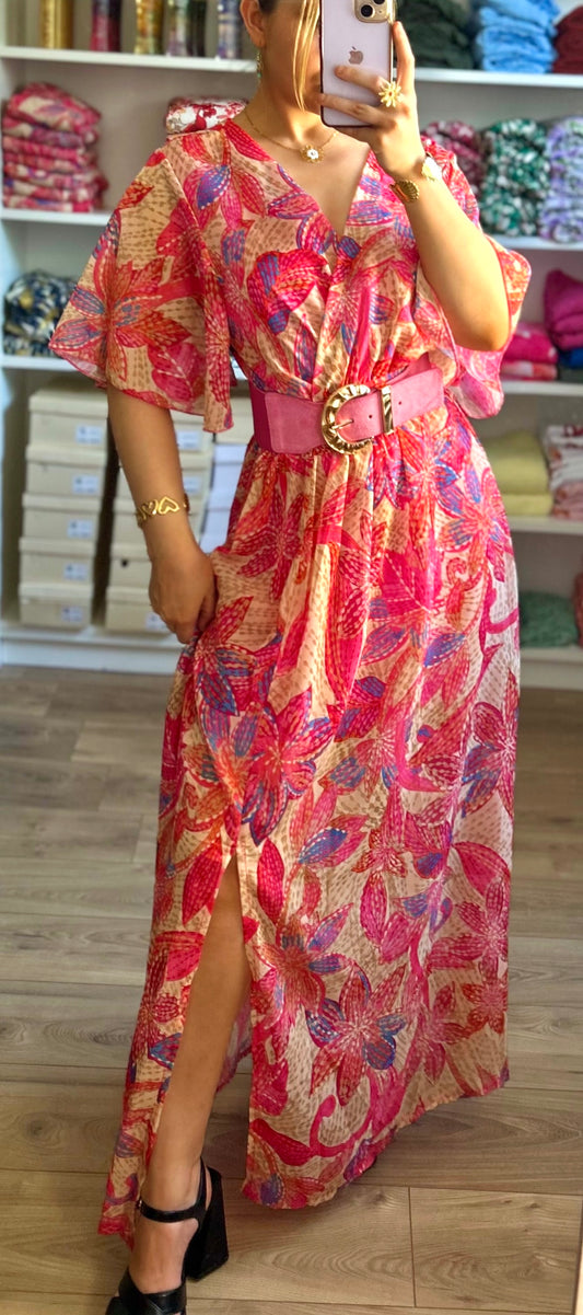 Robe Soline fleurs fuchsia et beige