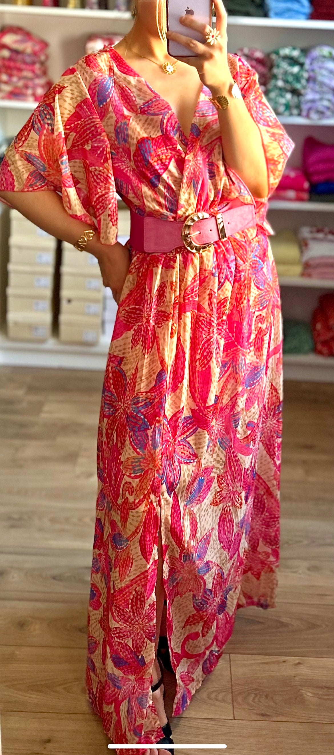 Robe Soline fleurs fuchsia et beige