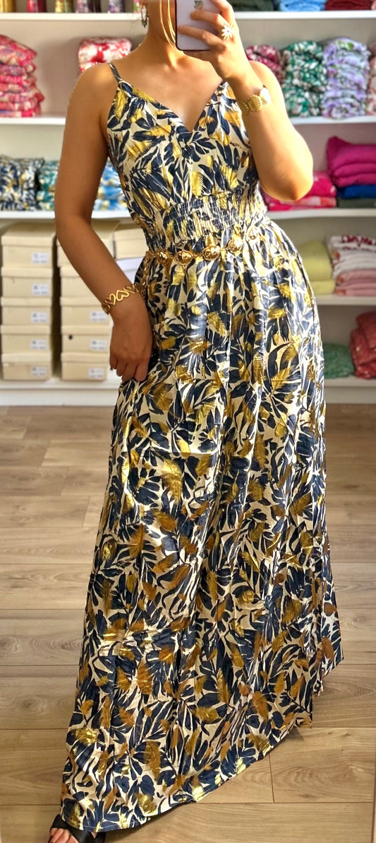 Robe Tropicale Bleu Marine Doré