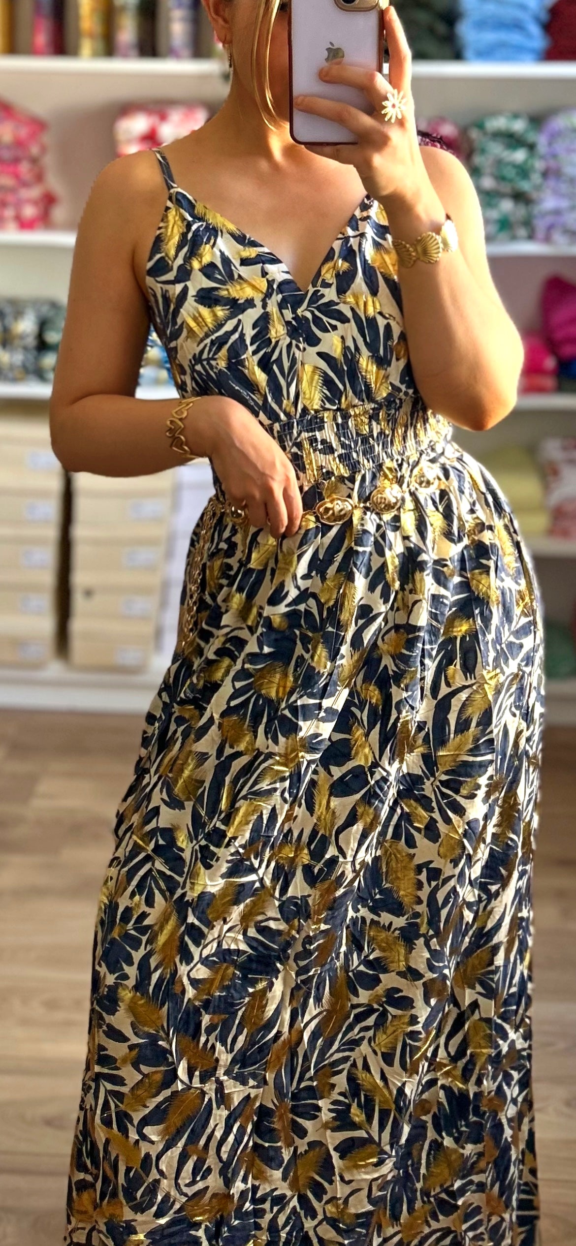 Robe Tropicale Bleu Marine Doré
