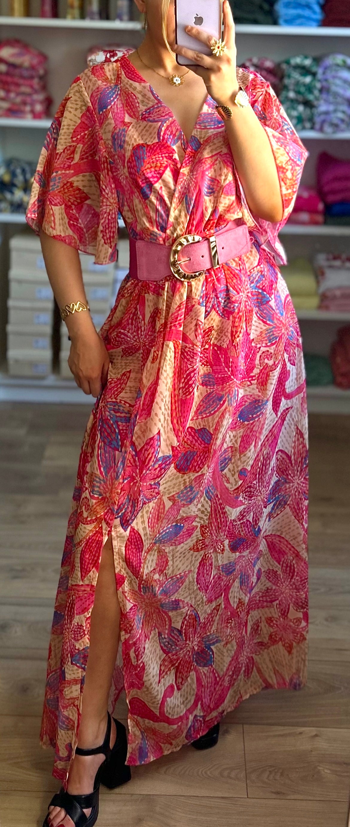 Robe Soline fleurs fuchsia et beige