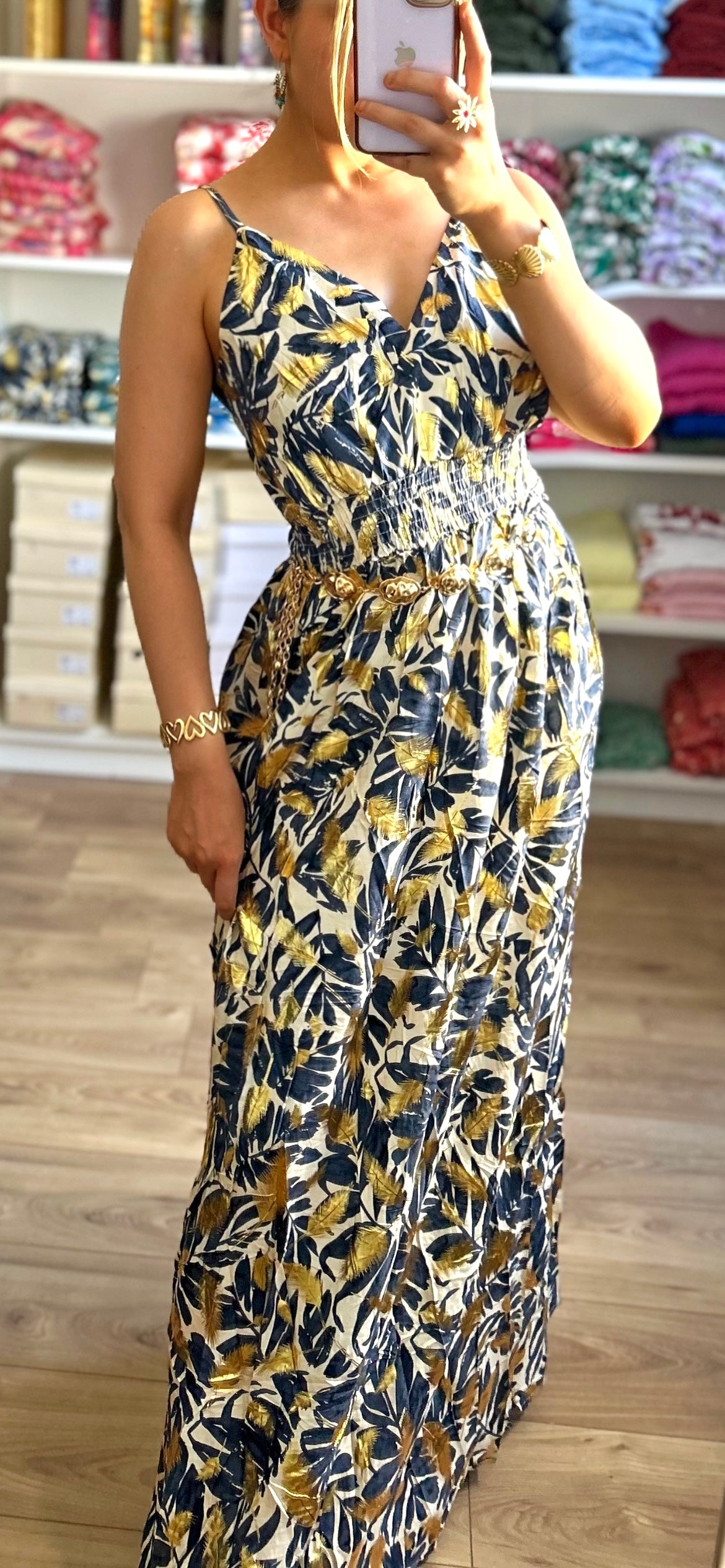 Robe Tropicale Bleu Marine Doré