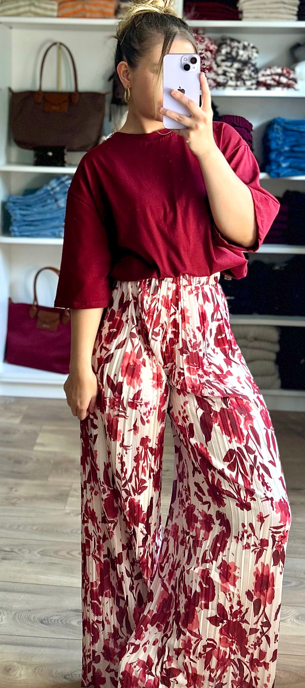 Pantalon Yumi à motifs Bordeaux