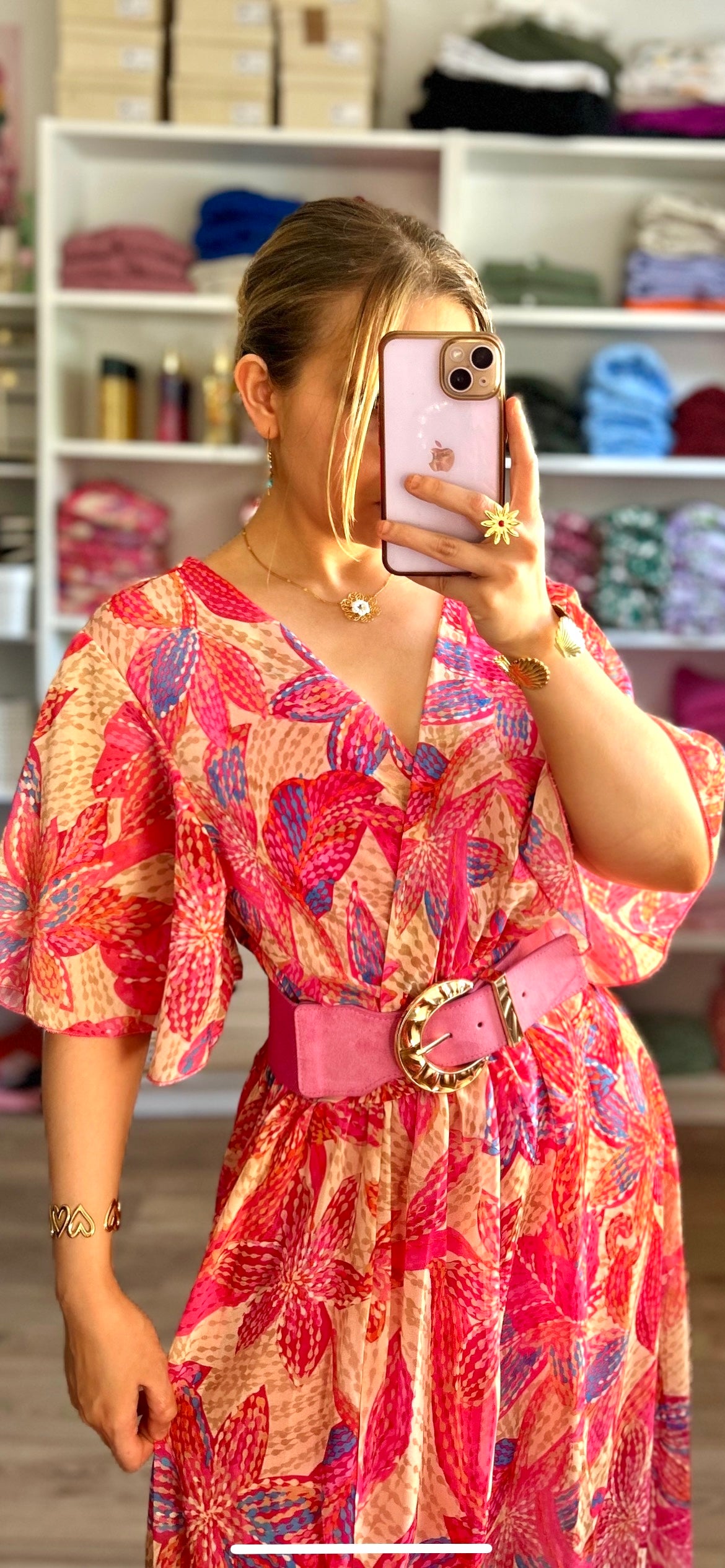 Robe Soline fleurs fuchsia et beige