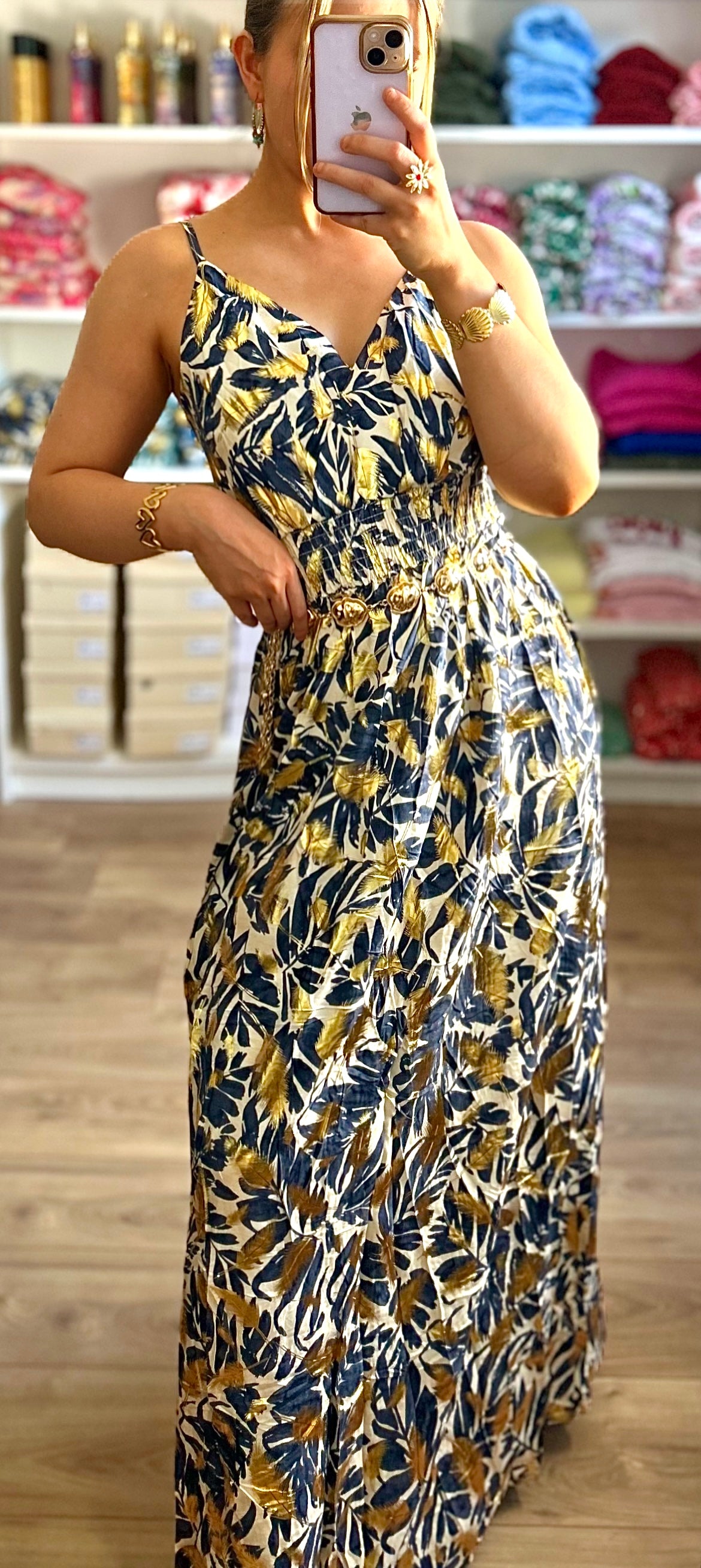 Robe Tropicale Bleu Marine Doré
