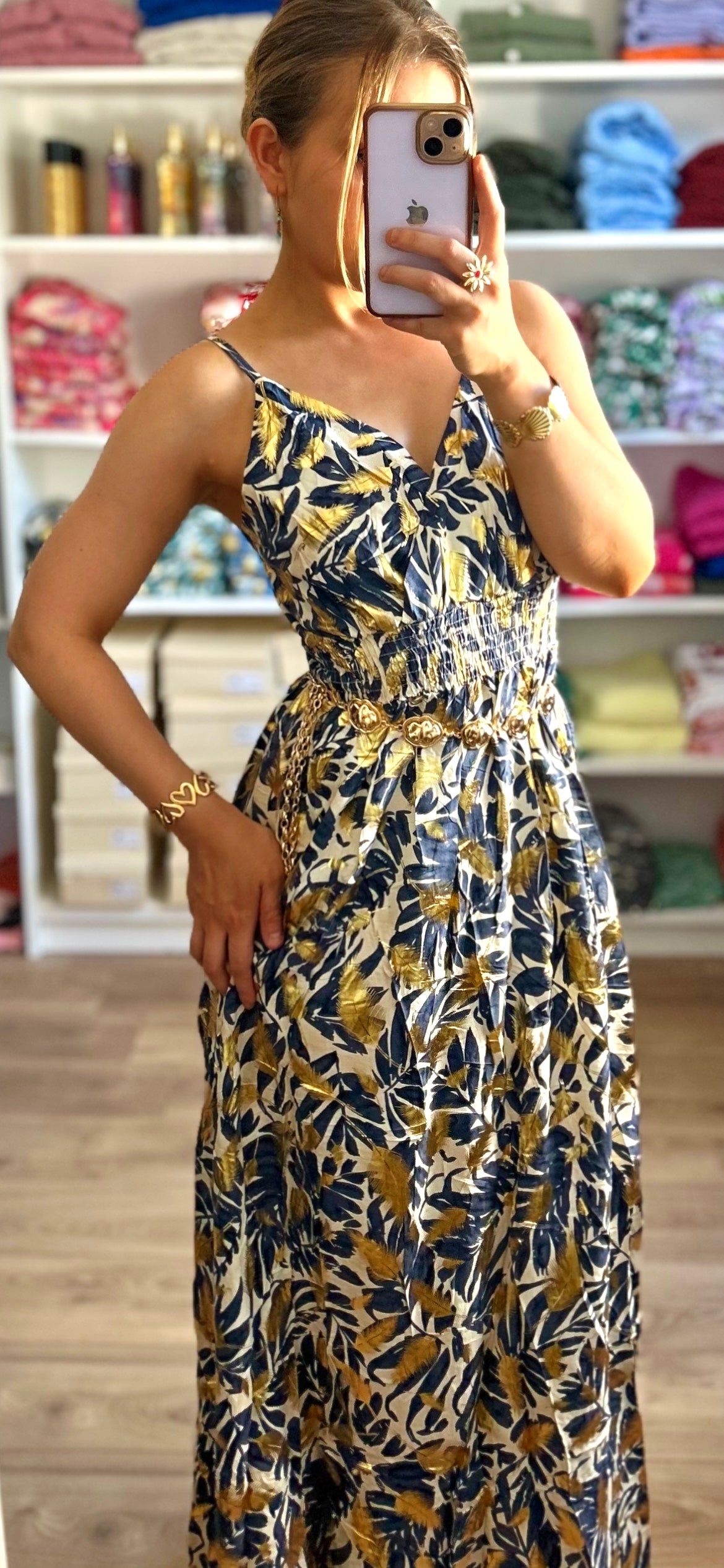 Robe Tropicale Bleu Marine Doré
