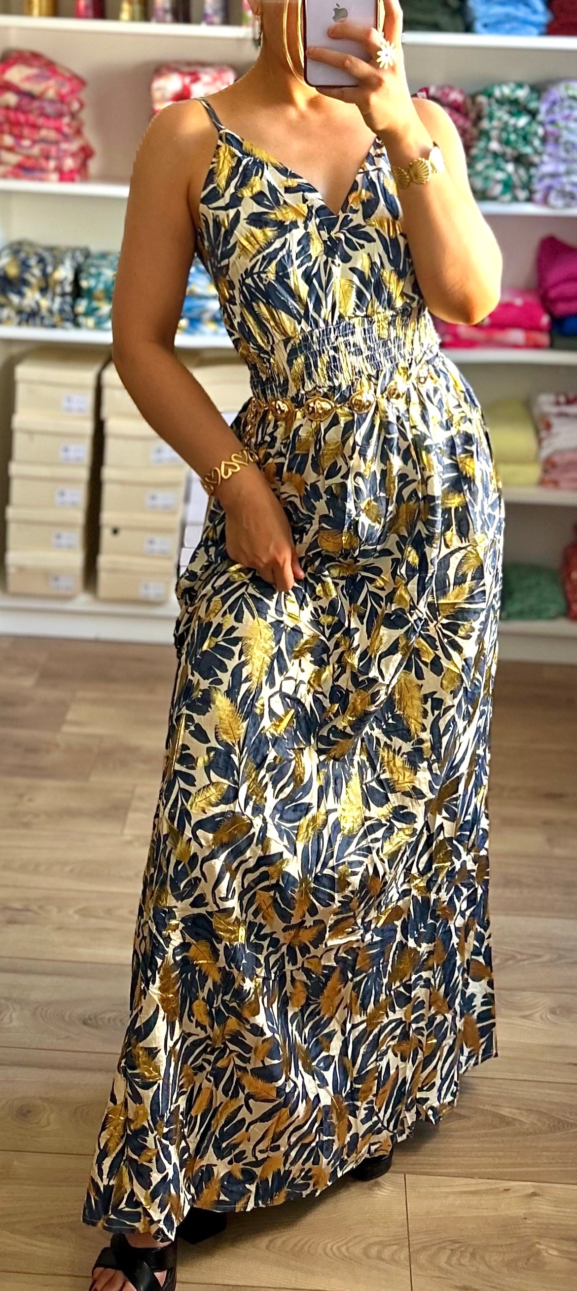 Robe Tropicale Bleu Marine Doré