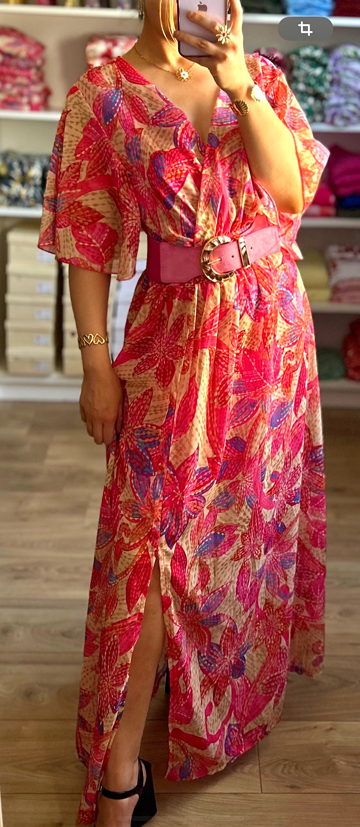 Robe Soline fleurs fuchsia et beige